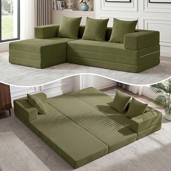 79" Modular Sectional Sofa, Boneless Convertible Sleeper Sofa Bed, Modern Tri-Folding Cloud Couch with L-Shape Chaise, Corduroy Futon for Living Room Small Spaces Apartment, No Assembly,Green