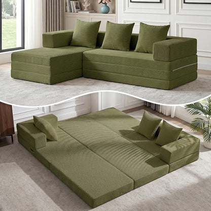 79" Modular Sectional Sofa, Boneless Convertible Sleeper Sofa Bed, Modern Tri-Folding Cloud Couch with L-Shape Chaise, Corduroy Futon for Living Room Small Spaces Apartment, No Assembly,Green