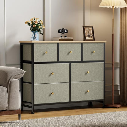 Sweetcrispy 7 Drawer Dresser with Fabric Bins, Fabric Storage Tower Organizer for Bedroom, Closet, Hallway, Entryway, Tall Chest of Drawers with Steel Frame, Wood Top, Large Storage,Dark Green