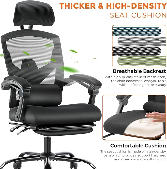 Sweetcrispy Office Computer Desk Chair, Ergonomic High-Back Mesh Rolling Work Swivel Chairs with Wheels, Comfortable Lumbar Support, Comfy Arms for Home, Bedroom, Study, Student, Black