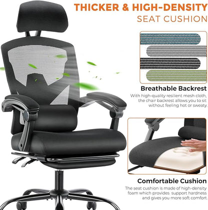 Sweetcrispy Office Computer Desk Chair, Ergonomic High-Back Mesh Rolling Work Swivel Chairs with Wheels, Comfortable Lumbar Support, Comfy Arms for Home, Bedroom, Study, Student, Black