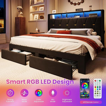 SHA CERLIN Velvet King Platform Bed Frame with 2 Storage Drawers, LED Storage Headboard with Charging Station, Wingback Upholstered, Noise Free, No Box Spring Needed, Easy Assembly, Black