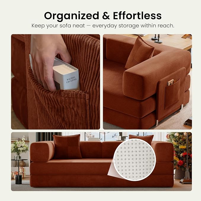 78.8" Convertible Futon Sofa Bed,Corduroy Futon Couch with Storage Pocket,Folding Pull Out Sofa,No Assembly Boneless Couch for Living Room,Rust Red