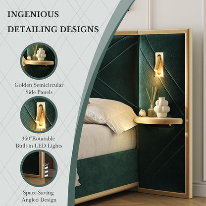 Merax Queen Bed Frame with Wingback Headboard, Luxury Velvet Upholstered Platform Bed Frame King Size with 2 Built-in Led Lights and 2 Floating Storage Shelves for Bedroom, No Box Spring Needed, Green