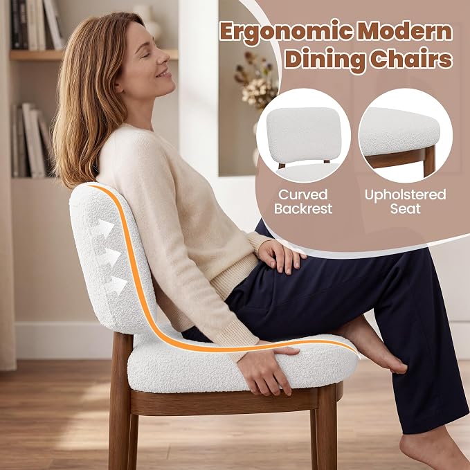 Wooden Dining Chairs Set of 4, Boucle Upholstered Kitchen Chairs with Solid Wood Legs, Mid Century Modern Dining Chairs, Farmhouse Side Chair with Hardwood Frame for Dining Room, White