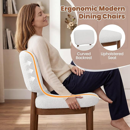 Wooden Dining Chairs Set of 2, Boucle Upholstered Kitchen Chairs with Solid Wood Legs, Mid Century Modern Dining Chairs, Farmhouse Side Chair with Hardwood Frame for Dining Room, White