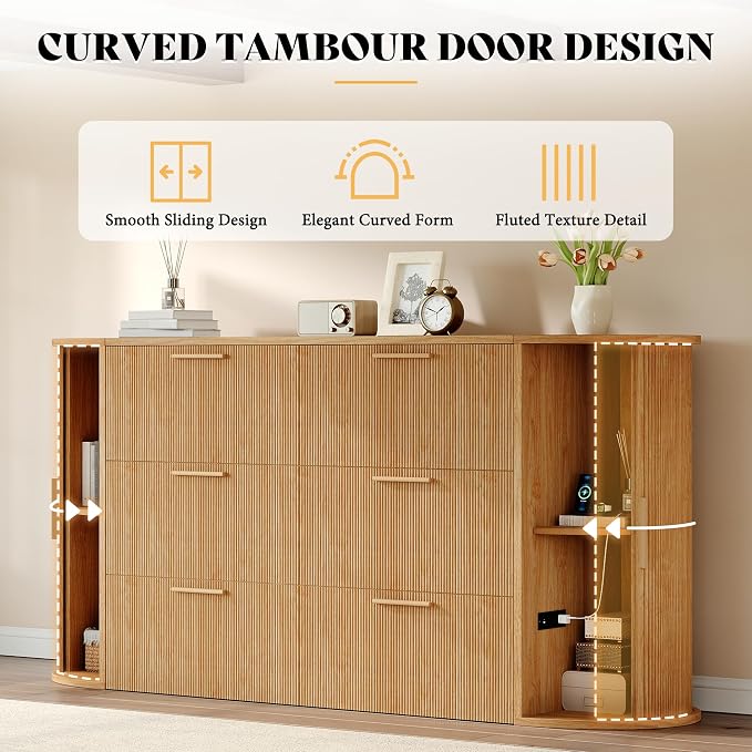 AMERLIFE Queen Murphy Bed with Storage Bedside Shelves & Sliding Tambour Door, Modern Cabinet Bed with Charging Station & Curved Fluted Design for Bedroom/Guest/Home Office, Natural Oak