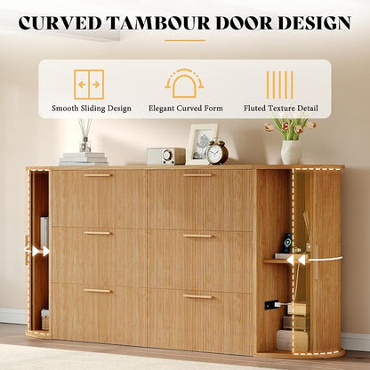 AMERLIFE Queen Murphy Bed with Storage Bedside Shelves & Sliding Tambour Door, Modern Cabinet Bed with Charging Station & Curved Fluted Design for Bedroom/Guest/Home Office, Natural Oak