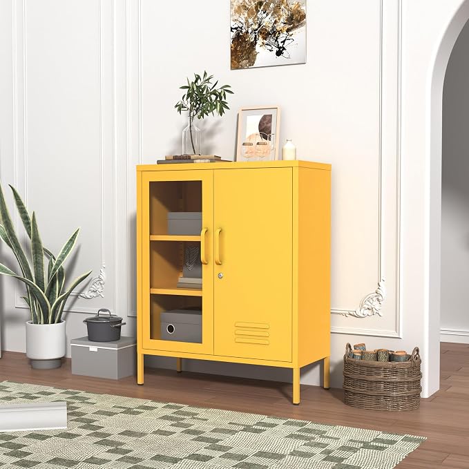 Metal Cabinet Metal Bathroom Storage Cabinet Metal Storage Cabinets with Glass Door and Adjustable Shelves Cabinet Storage for Coffee Bar for Homes, Living Rooms and Offices Yellow 33''H