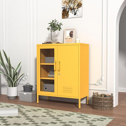 Metal Cabinet Metal Bathroom Storage Cabinet Metal Storage Cabinets with Glass Door and Adjustable Shelves Cabinet Storage for Coffee Bar for Homes, Living Rooms and Offices Yellow 33''H