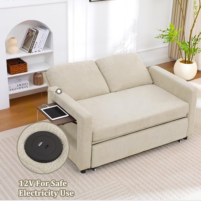 3 in 1 Folding Convertible Sleeper Sofa Bed Pull Out Couch with USB Port Side Pockets Side Table Loveseat Sofa Bed with Adjustable Backrest for Living Room Bedroom Office 66" Lightbrown 2 SEAT