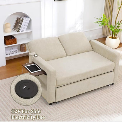 3 in 1 Folding Convertible Sleeper Sofa Bed Pull Out Couch with USB Port Side Pockets Side Table Loveseat Sofa Bed with Adjustable Backrest for Living Room Bedroom Office 66" Lightbrown 2 SEAT