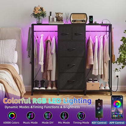 HIGDBFE 5-Drawer Dresser with 2 Hanging Racks, Black, 49.2" W | LED Lights&Charging Station, Hooks, Wooden Top, Fabric Drawer, Dresser TV Stand for Bedroom, Dorm