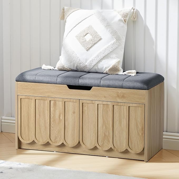 ORRD Shoe Storage Bench with Cushion, Entryway Shoe Cabinet Bench with 2 Scalloped Doors & Adjustable Shelf, 2-Tier Shoe Rack Organizer Cabine for Entryway, Hallway, Living Room (Natural)