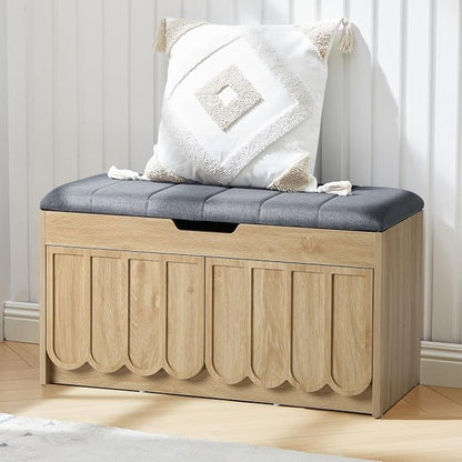 ORRD Shoe Storage Bench with Cushion, Entryway Shoe Cabinet Bench with 2 Scalloped Doors & Adjustable Shelf, 2-Tier Shoe Rack Organizer Cabine for Entryway, Hallway, Living Room (Natural)