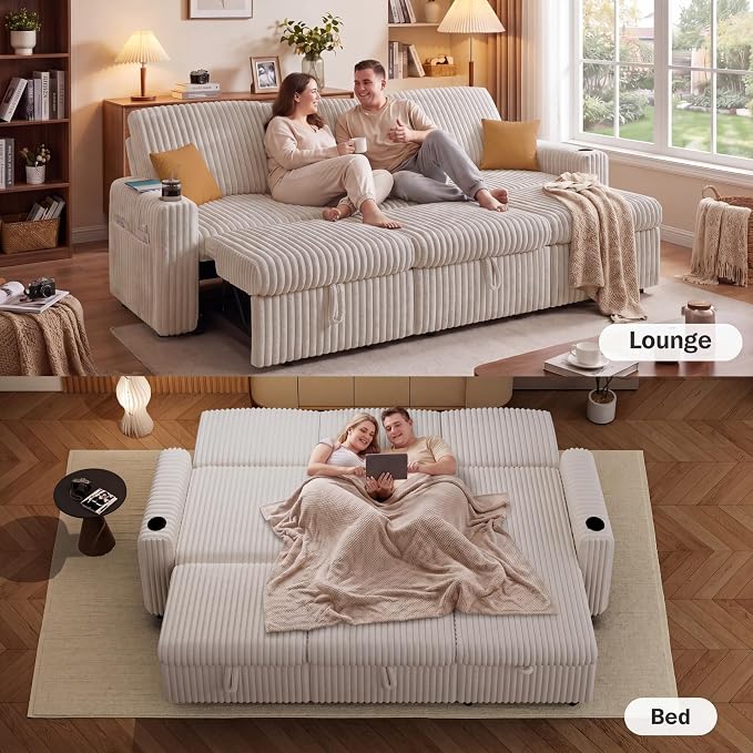 Vipbear 101" Sectional Sleeper Sofa with Pull Out Bed,5-Level Adjustable Backrest,3 Seat Modular Couch with Storage,Tool Free Assembly,USB & Cup Holders, Corduroy Sofa for Living Room,Beige