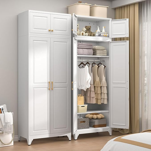 86" Metal Wardrobe Cabinets,Armoire Wardrobe Closet with Hanging Rod,Clothes Storage Cabinet with Adjustable Shelves and Doors,Clothing Cabinet for Bedroom, Laundry Room,Office