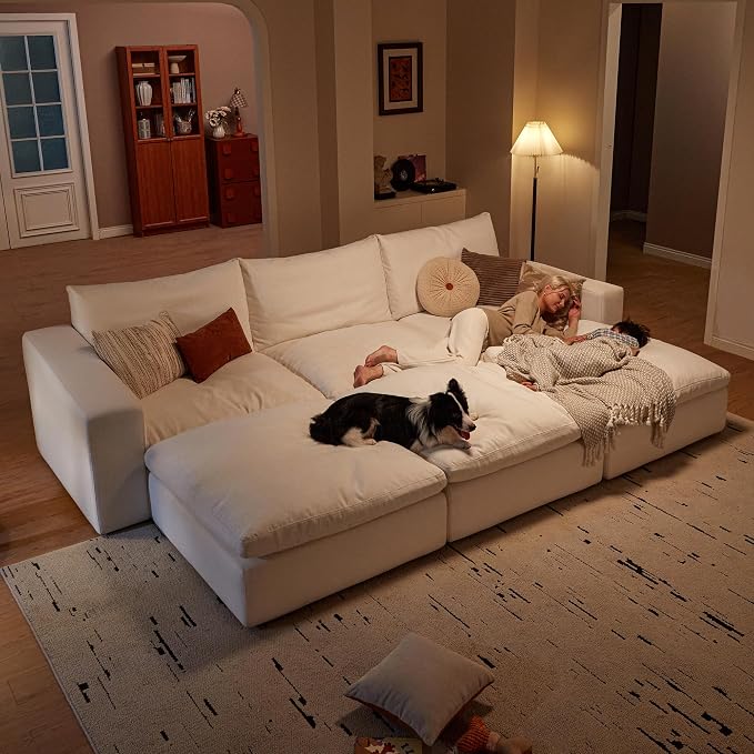 Cloud Couch Sectional 113.8'' Oversized Modular Deep Seat Sofa Bed Comfy White Cloud Couch with Washable Cover for Living Room 3 Seat & 3 Ottoman