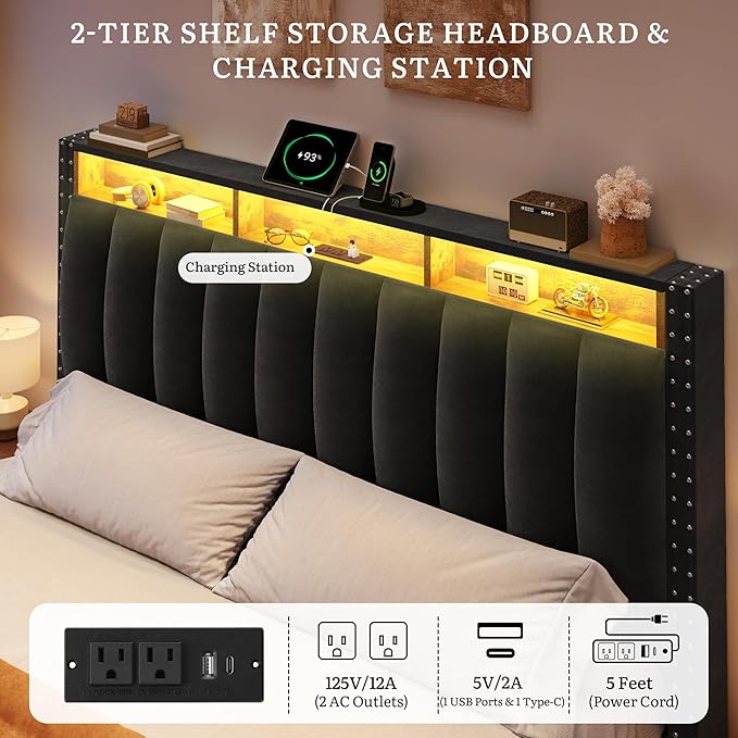 DWVO King Size Bed Frame with 4 Storage Drawers and RGB LED Lights, Velvet Upholstered Platform Bed with Charging Station and Bookcase Storage Headboard, No Box Spring Needed, Easy Assembly, Black