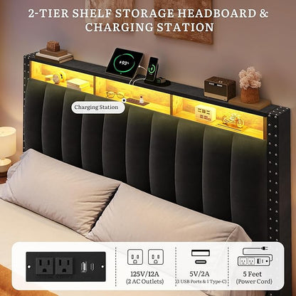 DWVO King Size Bed Frame with 4 Storage Drawers and RGB LED Lights, Velvet Upholstered Platform Bed with Charging Station and Bookcase Storage Headboard, No Box Spring Needed, Easy Assembly, Black