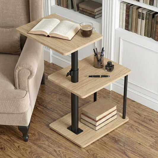 Faesun 360° Swivel Side Table for Height Adjustable, C Shaped End Table for Couch with Storage, 3-Tier Night Stand with Open Shelf, Tv Tray for Small Spaces, Living Room, Bedroom, Oak