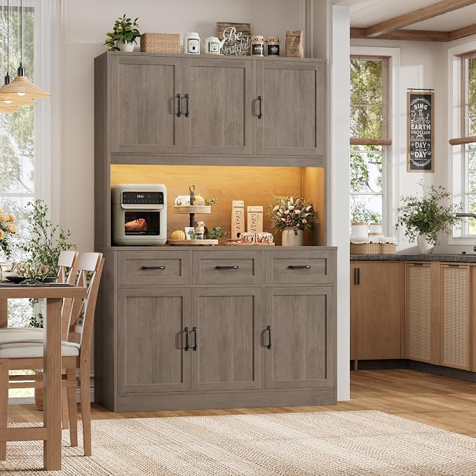 HOSTACK 72" Tall Kitchen Pantry Cabinet with Charing Station | LED Lights, 47" W Kitchen Pantry Storage Cabinet with Countertop, Modern Kitchens Hutch Cabinets with Storage for Dining Room, Ash Gray