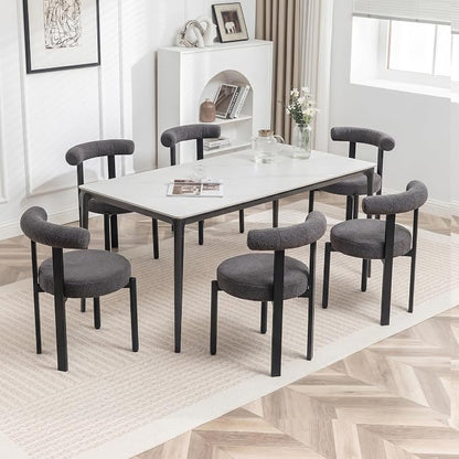 Boucle Dining Chairs Set of 6 Kitchen & Dining Room Chairs(Gray) | Mid Century Modern Upholstered Dining Chairs with Curved Backrest and Black Metal Legs