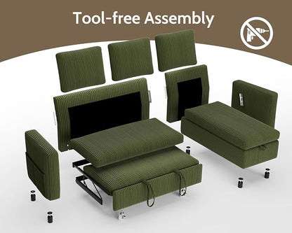 WEUP 82" L Shaped Sectional Sleeper Sofa Bed with Pull Out Bed, Sectional Sleeper Couch Pull Out Couch with Reclining Backrest/Reversible Storage Chaise/USB Ports/Tool-Free Assembly, Corduroy Green