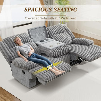 Oversized Reclining Sofa with Flip-Up Middle Backrest, Manual 3 Seater Recliner Sofa, Wall Hugger Recliner Couch with Outlets/USB Ports for Living Room, Bedroom(Gray, Sofa)