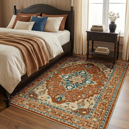 RELEANY Area Rugs 4'x5' Washable Non-Slip, Floral Vintage Distress Medallion Carpet for Living Room Bedroom Dining Room, Red Orange Blue Brown