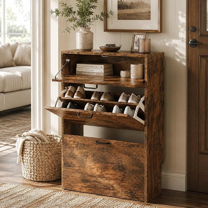 VINGLI Shoe Cabinet Storage for Entryway Ultra Slim with 2 Flip &1Drop-Down Drawers, 24.8" W Narrow Shoe Cabinet for Front Door Entrance,Freestanding Rustic Brown Wood Shoes Organizer for Hallway