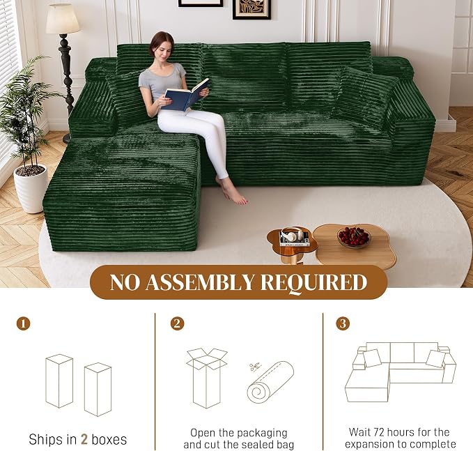 108" L Shaped Boneless Sectional Couches for Living Room, Comfy Corduroy Floor Cloud Sofa with Chaise, Wide Armrest, Deep Seat, Memory Foam, Assembly Free, Ideal for Small Spaces, Green