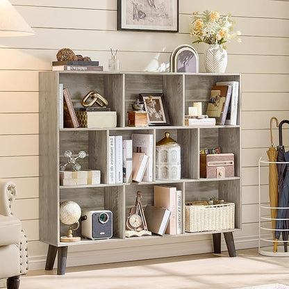 LEYAOYAO 10 Cube Bookshelf,3 Tier Modern Wide Bookcase with Legs,Mid-Century Wood Bookshelves Storage,Retro Grey Large Book Case,Freestanding Organizer Display Shelf for Bedroom,Living Room,Office