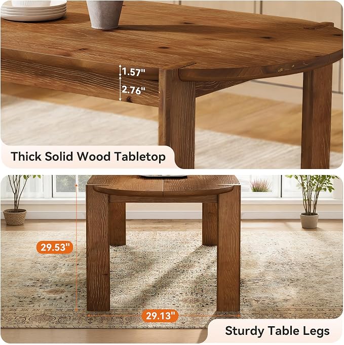 63" Solid Wood Oval Dining Table, Farmhouse Wooden Kitchen Table for 4-6, Rustic Dinner Table for Dining Room, Living Room, Apartment, Brown