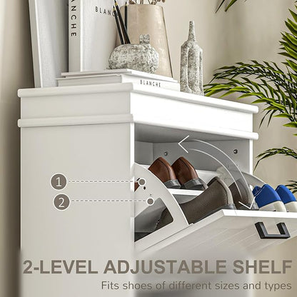 HOMCOM Narrow Shoe Cabinet with 2 Flip Drawers, Modern Freestanding Shoe Storage Cabinet with Adjustable Shelves for Entryway, Hallway, White