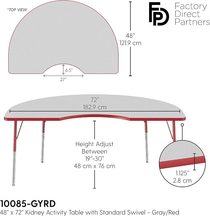 FDP Kidney Activity School and Office Table (48 x 72 inch), Standard Legs with Swivel Glides for Collaborative Seating Environments, Adjustable Height 19-30 inches - Gray Top and Red Edge