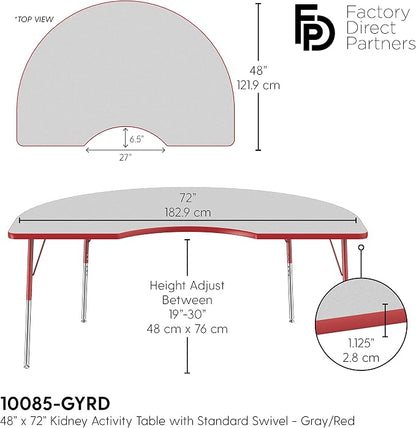 FDP Kidney Activity School and Office Table (48 x 72 inch), Standard Legs with Swivel Glides for Collaborative Seating Environments, Adjustable Height 19-30 inches - Gray Top and Red Edge