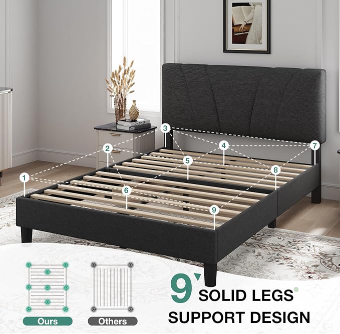 Novilla Full Size Bed Frame with Adjustable Headboard Platform Full Bed Frame with Linen Upholstered Headboard, No Box Spring Needed, Noise-Free, Easy Assembly, Dark Grey