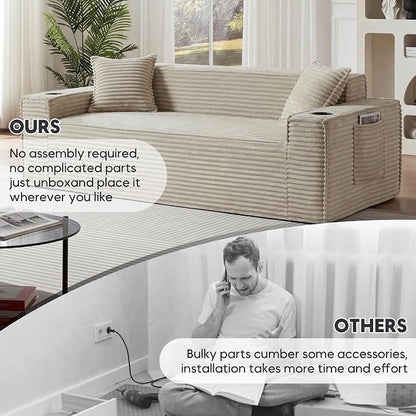 Boneless Sectional Sofa 3 Piece Set with Cup Holders & Side Pockets, Modern Corduroy Fabric Deep Seat Cloud Couch Living Room, Office, No Assembly (Camel)