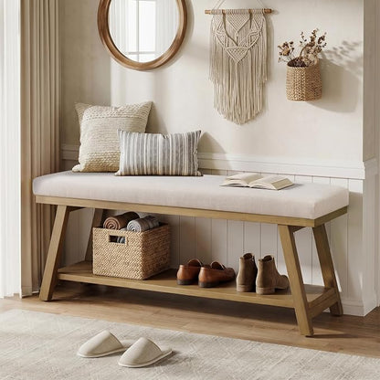 Zihanhome 45" Entryway Bench Upholstered Storage Bench for Bedroom Shoe Rack Bench for Living Room, Hallway, Mudroom, Balcony, Sturdy Indoor Bench Seat Holds Up to 300 lbs (Beige)