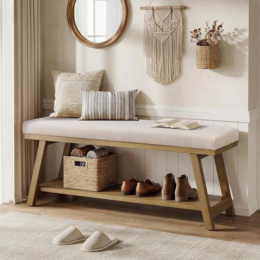 Zihanhome 45" Entryway Bench Upholstered Storage Bench for Bedroom Shoe Rack Bench for Living Room, Hallway, Mudroom, Balcony, Sturdy Indoor Bench Seat Holds Up to 300 lbs (Beige)