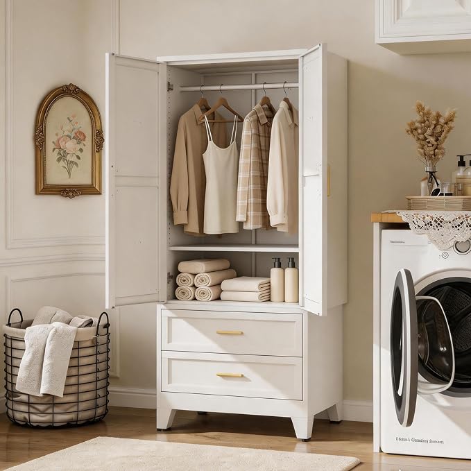 71" H White Armoire Wardrobe Closet with Drawers,Metal Wardrobe Closet with Doors and Shelves,Tall Wardrobe Closet for Bedroom