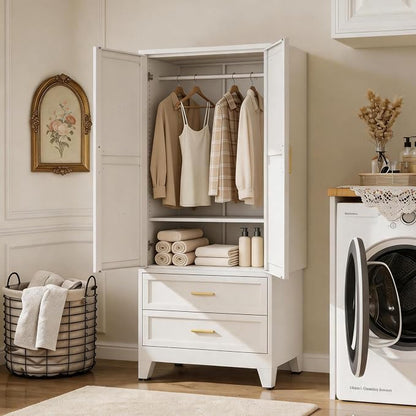 71" H White Armoire Wardrobe Closet with Drawers,Metal Wardrobe Closet with Doors and Shelves,Tall Wardrobe Closet for Bedroom