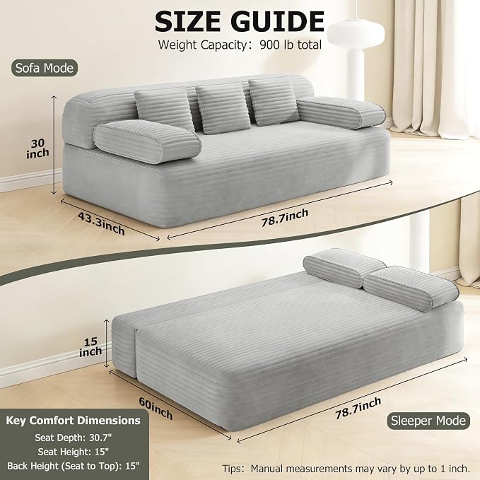 Convertible Sofa Bed, 78.7" Frameless Floor Sofa-in-a-Box, Corduroy Boneless Couch for Small Space Apartments, Queen Sleeper Sofa for Everyday Use, 3 Pillows Included, No Assembly (Light Grey)