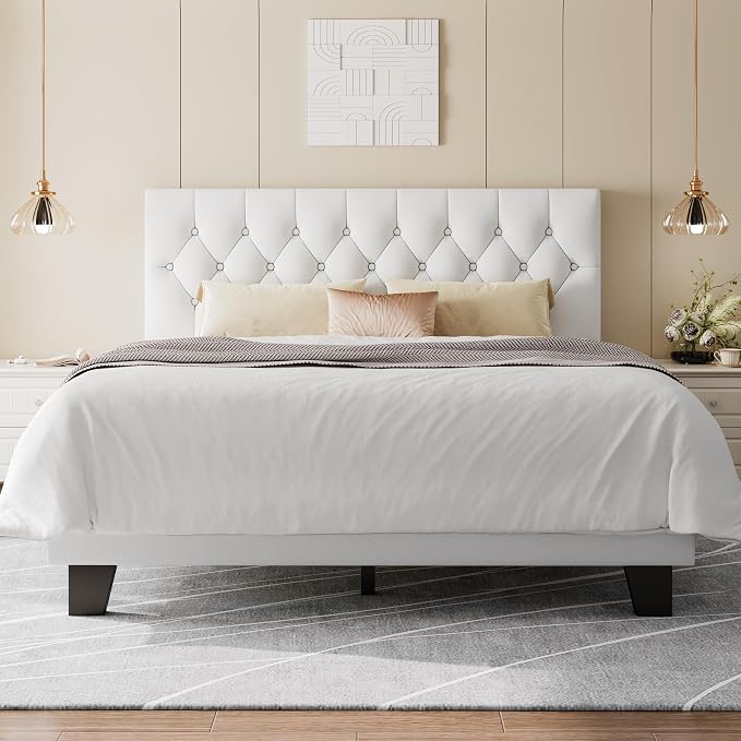 Feonase Velvet Queen Platform Bed Frame with Button Tufted Headboard, Upholstered Bed with Wooden Slats Support, No Box Spring Needed, Easy Assembly, Noise-Free, White