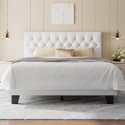 Feonase Velvet Queen Platform Bed Frame with Button Tufted Headboard, Upholstered Bed with Wooden Slats Support, No Box Spring Needed, Easy Assembly, Noise-Free, White