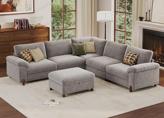 SITJOY Large Cloud Couch, 106" Wide 5 Seater V Shape, Light Gray Chenille | Detachable and Washable Chenille Cover Sectional Sofas for Living Room, Deep Seat Wide Couch with Chaise, Storage Ottoman