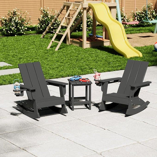 Costaelm Palms 3-Piece Kids Table and Chairs Set with Modern Toddler Rocking Chairs and Cup Holders, Gray
