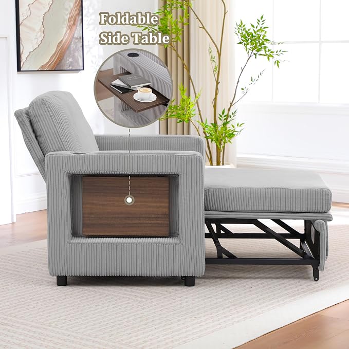 3 in 1 Folding Convertible Sleeper Sofa Bed Pull Out Couch with Side Pockets USB Port Side Table Single Sofa Bed with Adjustable Backrest for Living Room Bedroom 66" LIGHTGREY 1 SEAT