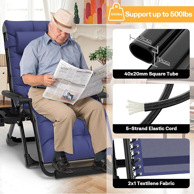 Slendor Zero Gravity Chair Oversized, 33In XXL Reclining Lounge Chair with Removable Cushion, Cup Tray, Footrest, Folding Reclining Camping Patio Recliner Chair w/Upgraded Lock,Blue